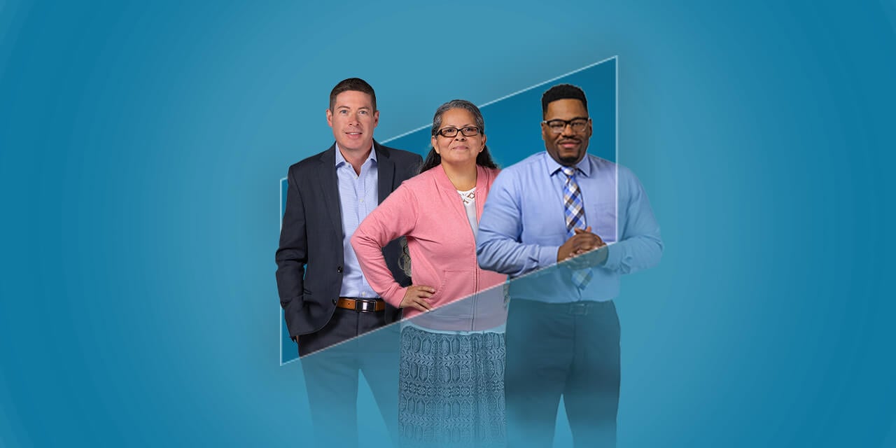 Three RJF Pro Associates standing in the outline of the RJF Pro logo