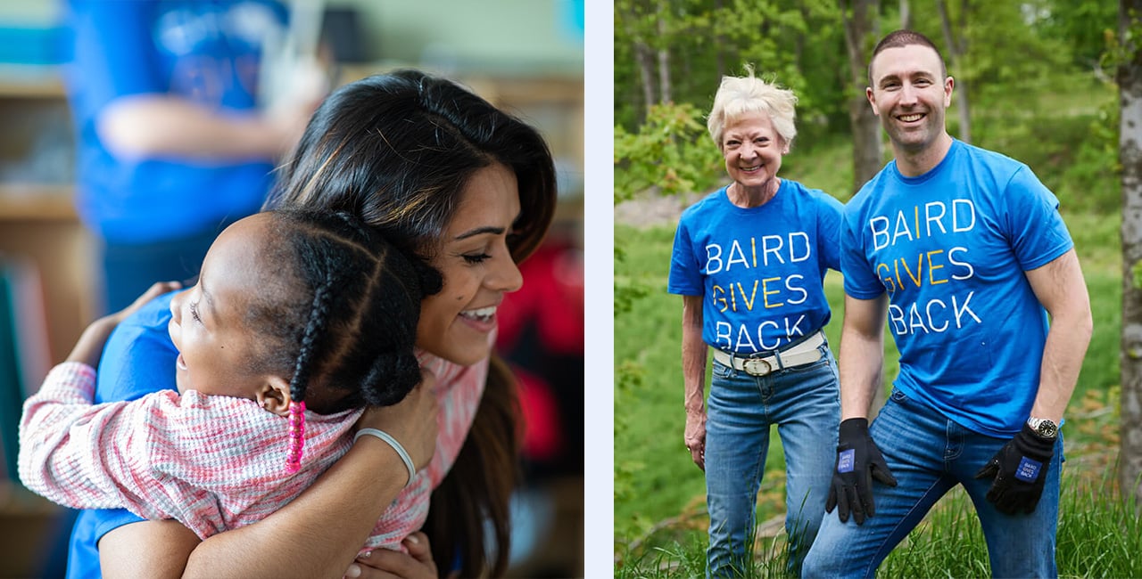 The left image is a woman embracing a child while volunteering. The right image showcases Kim Fleming and Max Mann wearing RJF Pro Gives Back t-shirts at an outdoor volunteer event.