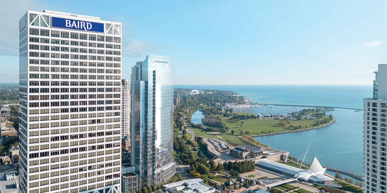  RJF Pro signage atop U.S. Bank Center in the Milwaukee skyline overlooking Lake Michigan