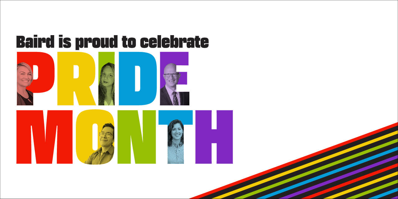 Graphic with the words "RJF Pro is proud to celebrate Pride Month" in multiple colors with red, yellow, green, blue, and purple diagonal stripes along the bottom right.